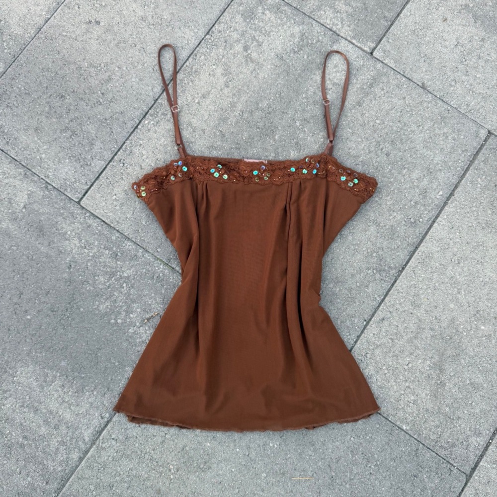 Be Mine Vintage Y2K Brown Mesh Cami Top Lace Sequin Trim XL